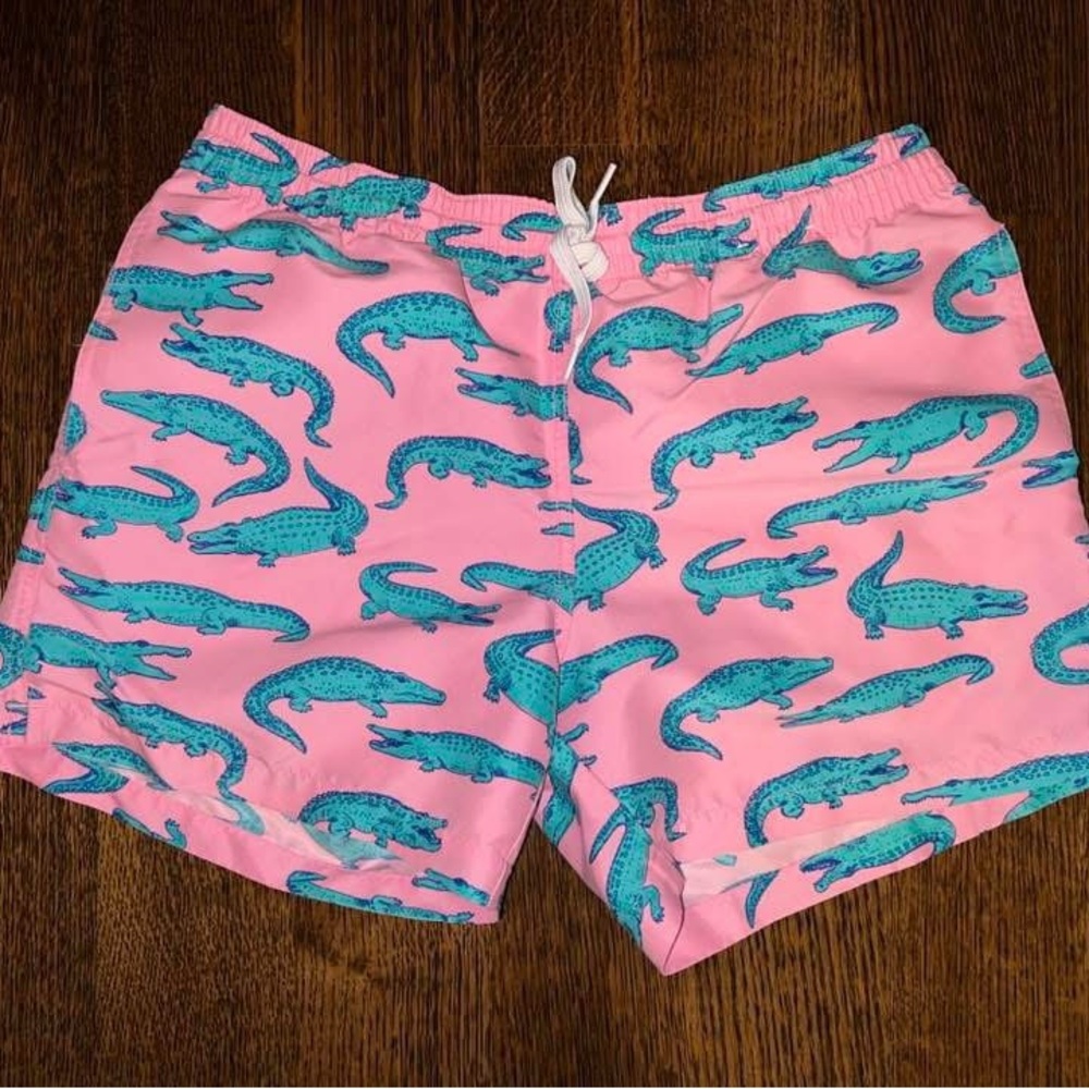 Pink Swim Shorts with Blue Alligator Print